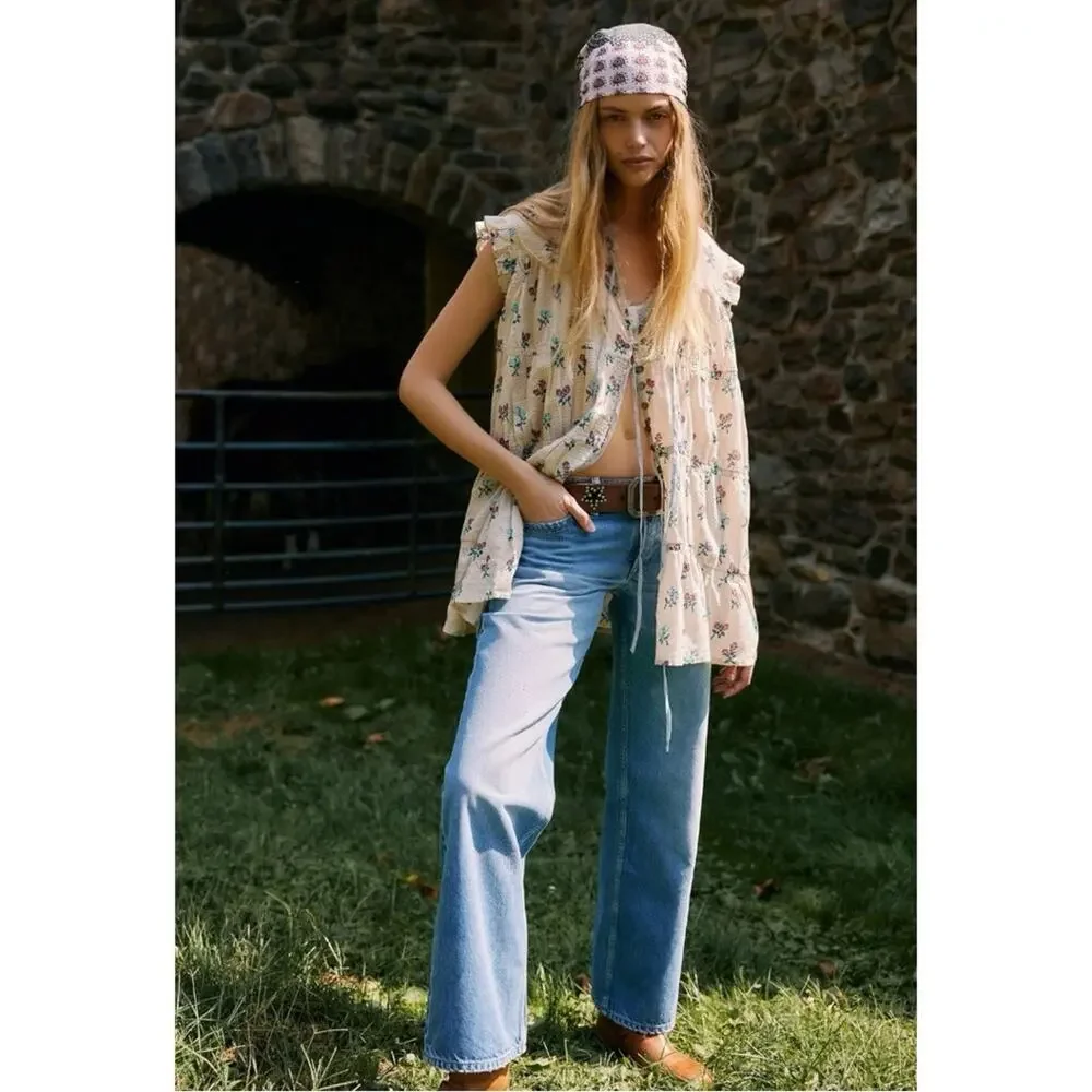 Free People Bohemian Prairie Sundown Mini Dress Tunic Top Ivory Combo Large - Picture 14 of 15